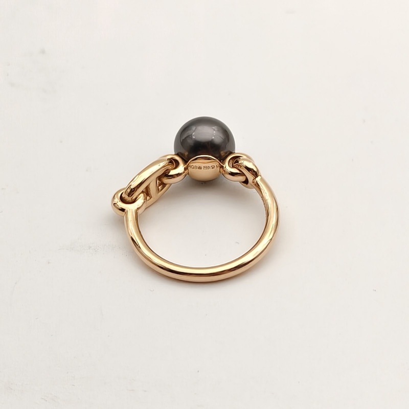 HERMES 18K玫瑰金鑽石52豬鼻子滿鑽珍珠戒指-2