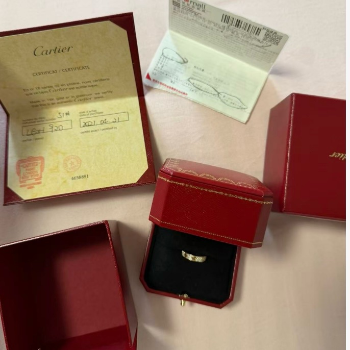 CARTIER LOVE18K金滿鑽三排鑽窄版戒指18K玫瑰金/鑽石51-4