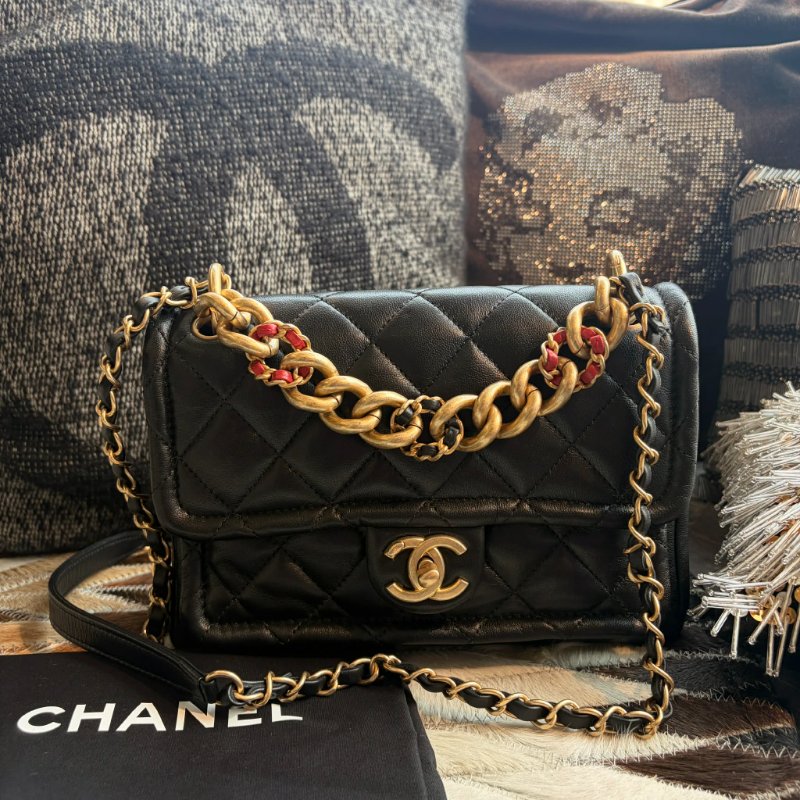 CHANEL 小牛皮造型粗鏈兩用包 黑色-0