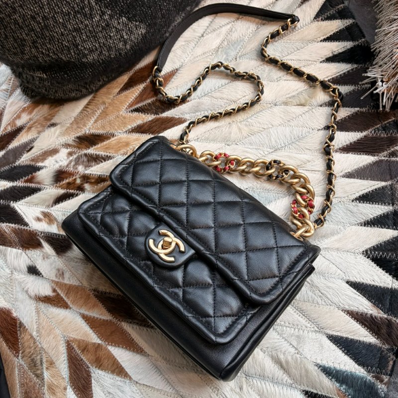 CHANEL 小牛皮造型粗鏈兩用包 黑色-3