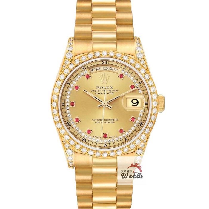 【大眾名錶】ROLEX 勞力士 18388 Day-date 蠔式18K金 原面未翻寫 小紅寶多層鑽面 大眾名錶G231-0