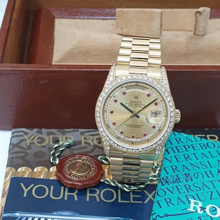 【大眾名錶】ROLEX 勞力士 18388 Day-date 蠔式18K金 原面未翻寫 小紅寶多層鑽面 大眾名錶G231-2