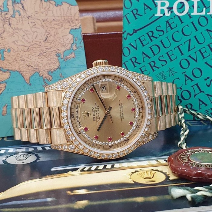 【大眾名錶】ROLEX 勞力士 18388 Day-date 蠔式18K金 原面未翻寫 小紅寶多層鑽面 大眾名錶G231-3
