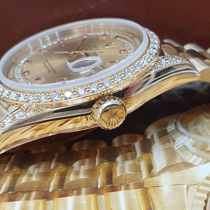 【大眾名錶】ROLEX 勞力士 18388 Day-date 蠔式18K金 原面未翻寫 小紅寶多層鑽面 大眾名錶G231-5