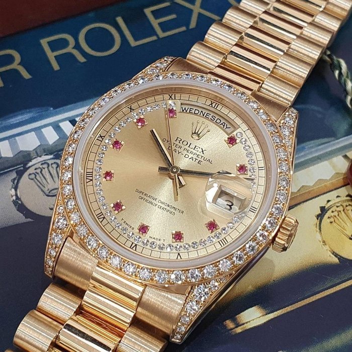 【大眾名錶】ROLEX 勞力士 18388 Day-date 蠔式18K金 原面未翻寫 小紅寶多層鑽面 大眾名錶G231-8