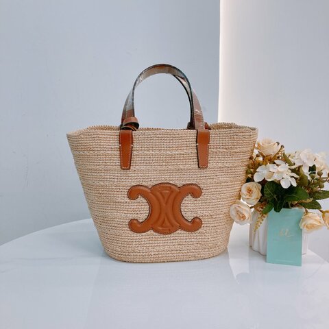MS0618 Celine 思琳 草編 草織 經典手提包 單肩包 棕色牛皮 金扣 Supple Panier Teen Raffia Beige Brown x GHW