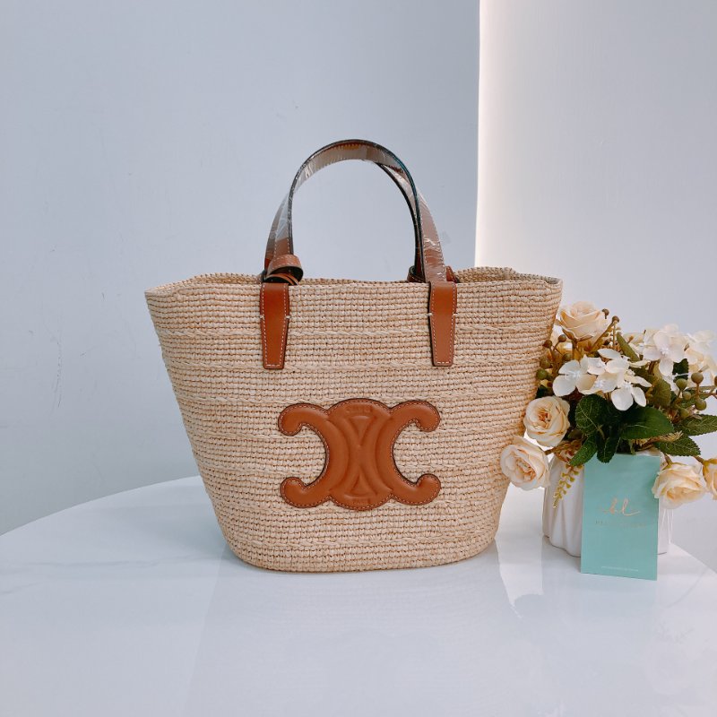 MS0618 Celine 思琳 草編 草織 經典手提包 單肩包 棕色牛皮 金扣 Supple Panier Teen Raffia Beige Brown x GHW-0