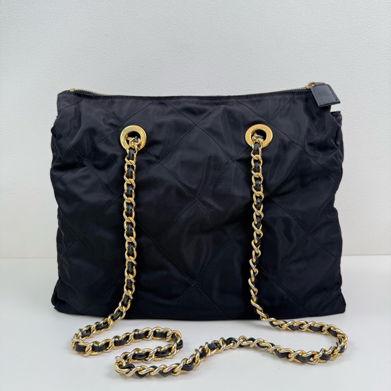 Prada/普拉達 降落傘鏈條單肩包黑色 金扣-2