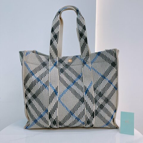 MS0622 Burberry 博柏利 巴寶莉 帆布毛織 手提大包 灰色 亂紋 復古金扣 Check Knitted Tote Bag Medium 40cm Canvas Grey x GHW