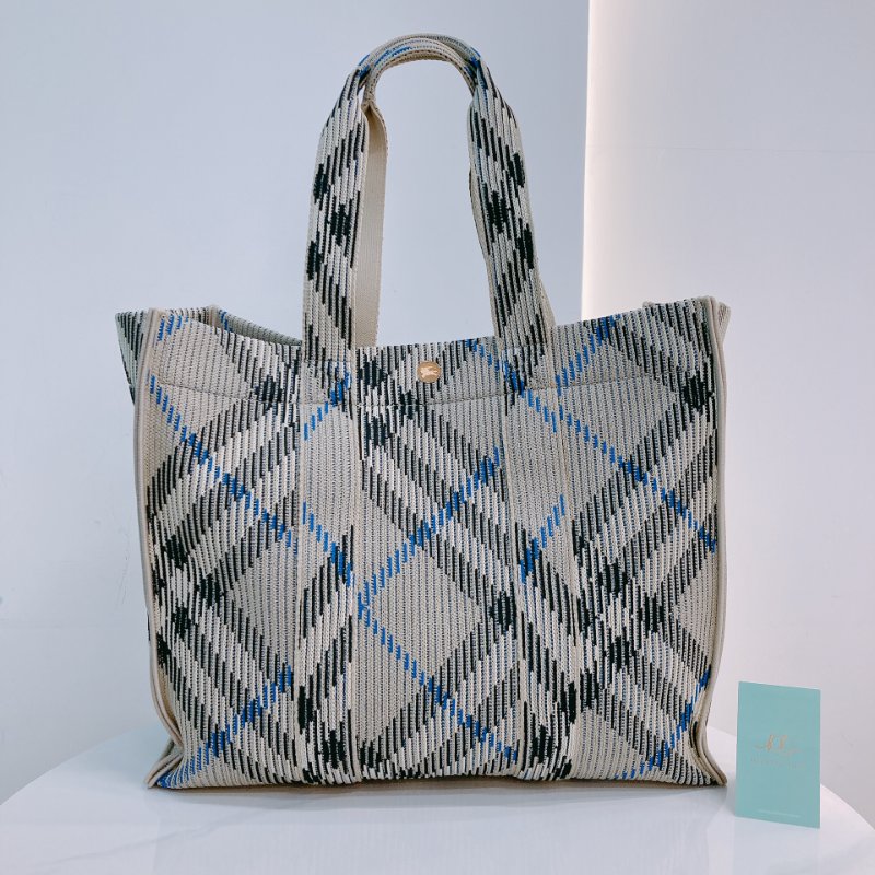 MS0622 Burberry 博柏利 巴寶莉 帆布毛織 手提大包 灰色 亂紋 復古金扣 Check Knitted Tote Bag Medium 40cm Canvas Grey x GHW-0
