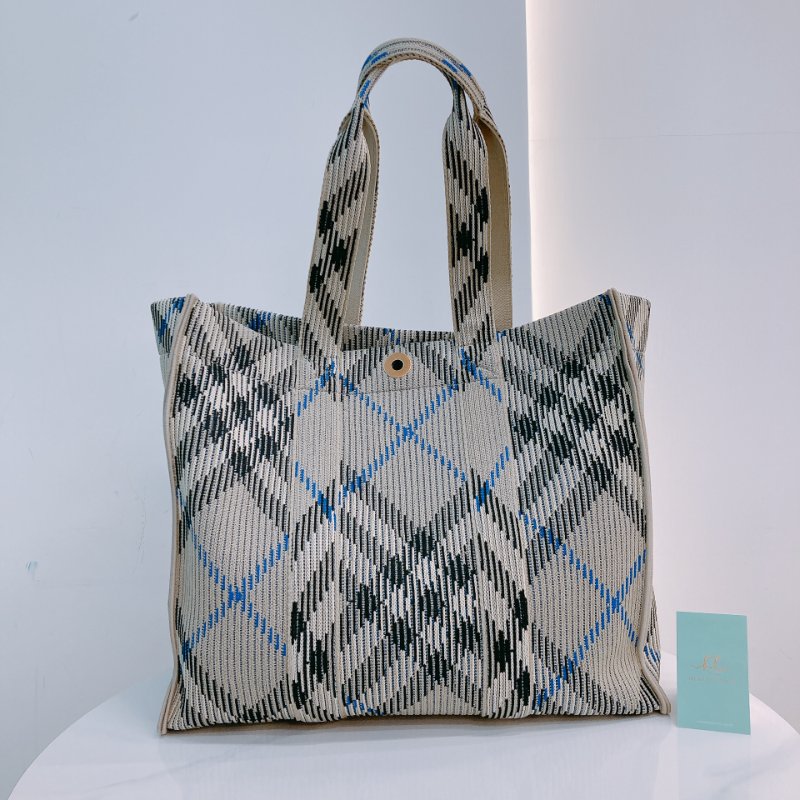 MS0622 Burberry 博柏利 巴寶莉 帆布毛織 手提大包 灰色 亂紋 復古金扣 Check Knitted Tote Bag Medium 40cm Canvas Grey x GHW-1