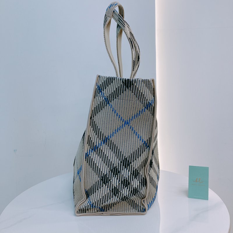 MS0622 Burberry 博柏利 巴寶莉 帆布毛織 手提大包 灰色 亂紋 復古金扣 Check Knitted Tote Bag Medium 40cm Canvas Grey x GHW-2