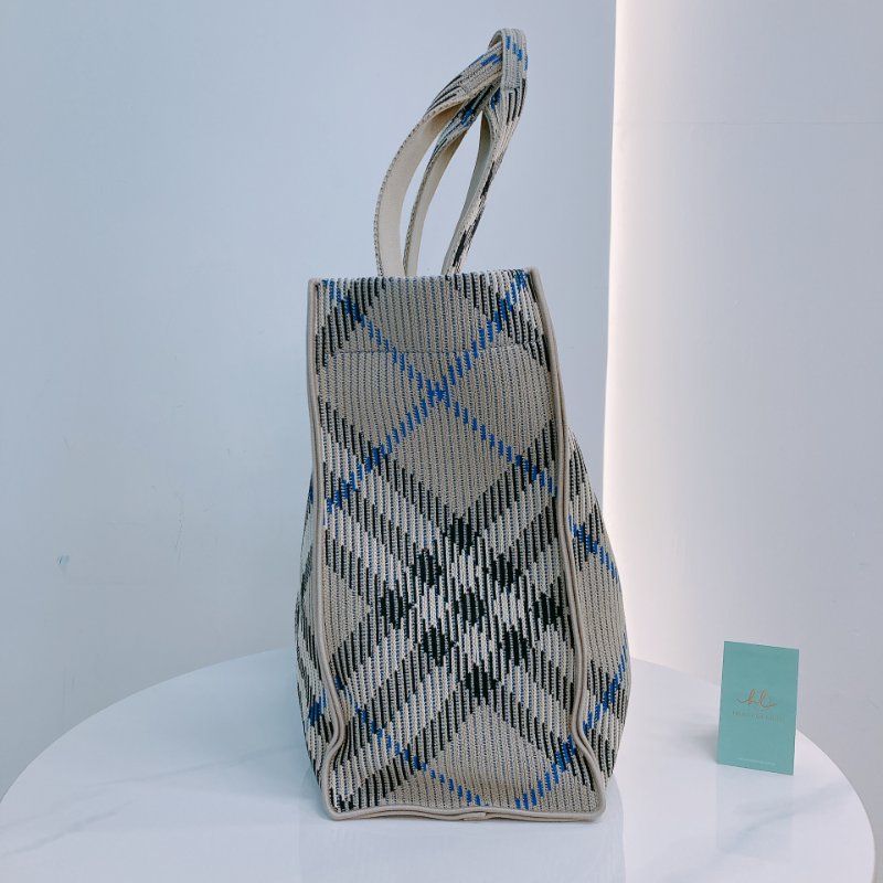 MS0622 Burberry 博柏利 巴寶莉 帆布毛織 手提大包 灰色 亂紋 復古金扣 Check Knitted Tote Bag Medium 40cm Canvas Grey x GHW-3