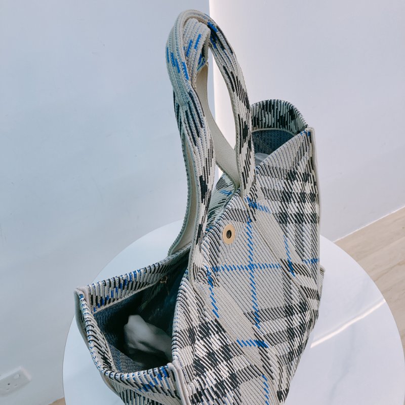 MS0622 Burberry 博柏利 巴寶莉 帆布毛織 手提大包 灰色 亂紋 復古金扣 Check Knitted Tote Bag Medium 40cm Canvas Grey x GHW-9