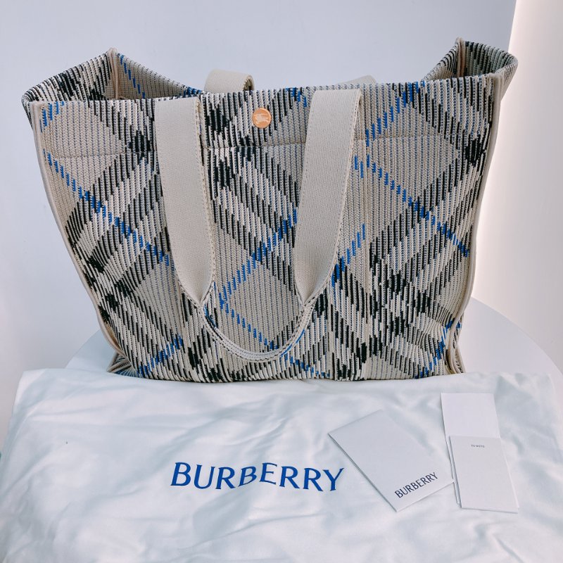MS0622 Burberry 博柏利 巴寶莉 帆布毛織 手提大包 灰色 亂紋 復古金扣 Check Knitted Tote Bag Medium 40cm Canvas Grey x GHW-13