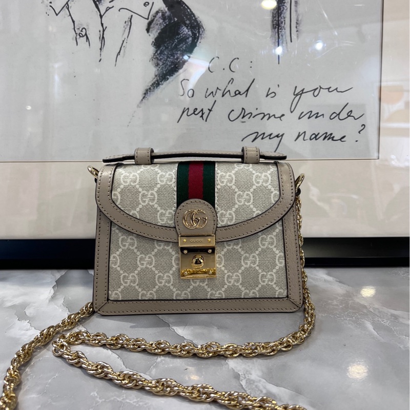 古馳Gucci Ophidia系列 燕麥色老花鏈條包 郵差包-0