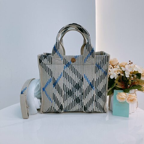 MS0621 Burberry 博柏利 巴寶莉 帆布毛織 手提小包 灰色 亂紋 復古金扣 Check Knitted Tote Bag Mini Canvas Grey x GHW