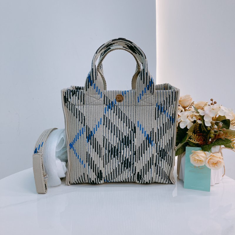 MS0621 Burberry 博柏利 巴寶莉 帆布毛織 手提小包 灰色 亂紋 復古金扣 Check Knitted Tote Bag Mini Canvas Grey x GHW-0