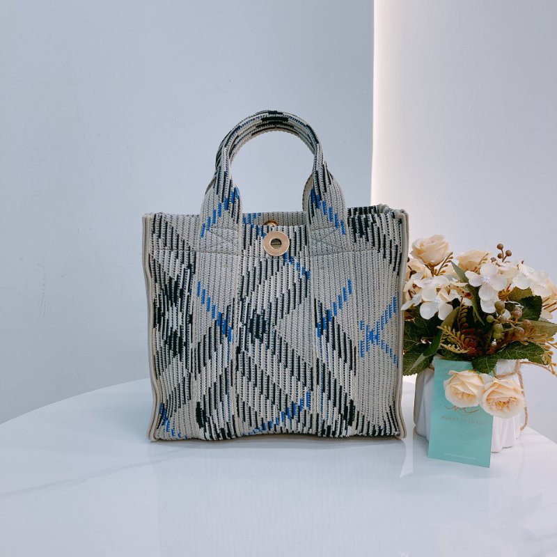 MS0621 Burberry 博柏利 巴寶莉 帆布毛織 手提小包 灰色 亂紋 復古金扣 Check Knitted Tote Bag Mini Canvas Grey x GHW-1