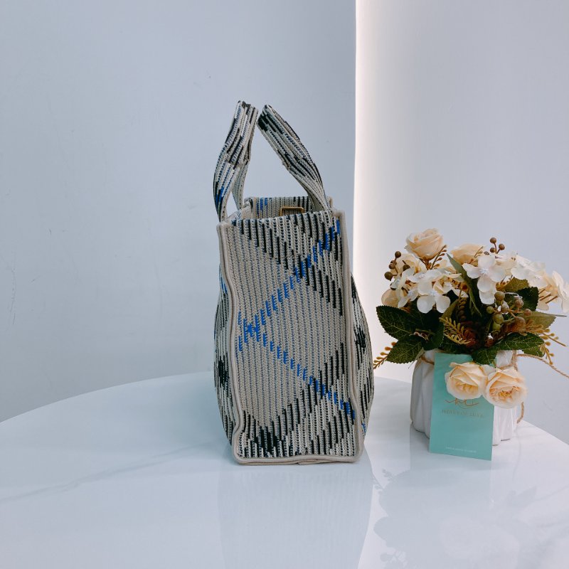 MS0621 Burberry 博柏利 巴寶莉 帆布毛織 手提小包 灰色 亂紋 復古金扣 Check Knitted Tote Bag Mini Canvas Grey x GHW-3