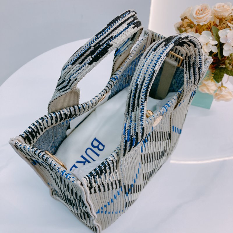 MS0621 Burberry 博柏利 巴寶莉 帆布毛織 手提小包 灰色 亂紋 復古金扣 Check Knitted Tote Bag Mini Canvas Grey x GHW-9