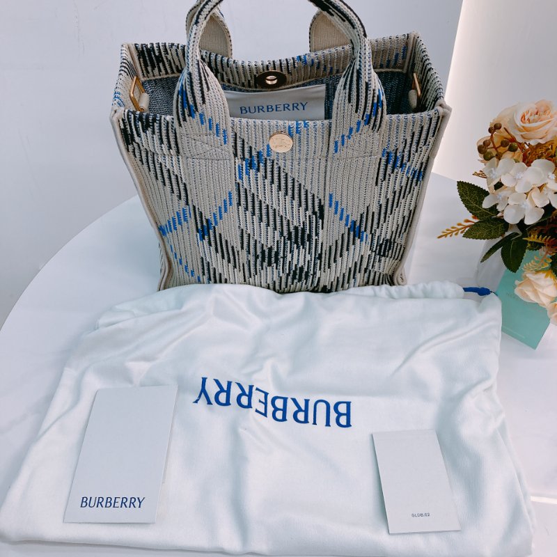 MS0621 Burberry 博柏利 巴寶莉 帆布毛織 手提小包 灰色 亂紋 復古金扣 Check Knitted Tote Bag Mini Canvas Grey x GHW-14