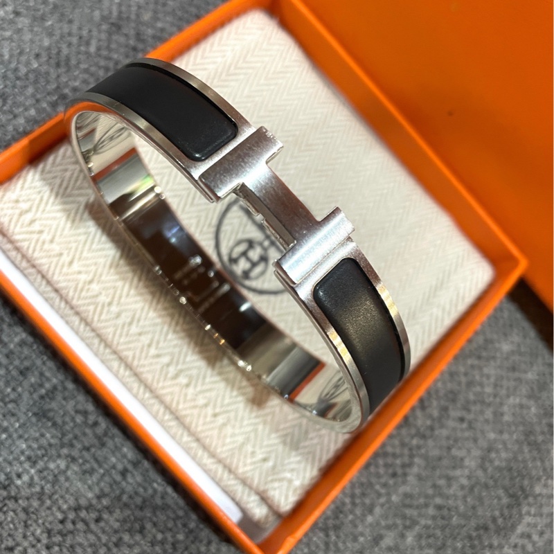 Hermes愛馬仕銀邊啞光霧面黑琺瑯手鐲-0