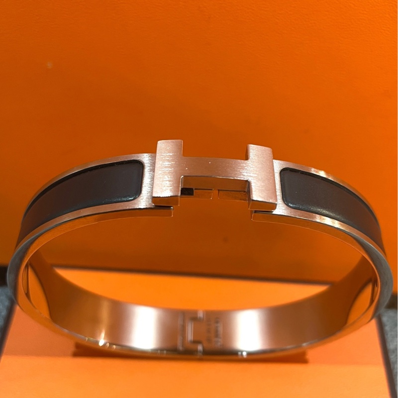 Hermes愛馬仕銀邊啞光霧面黑琺瑯手鐲-4