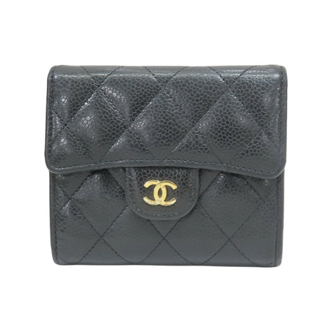 黑色 荔枝紋 牛皮 金扣 三折短夾【CHANEL 香奈兒】 A82288