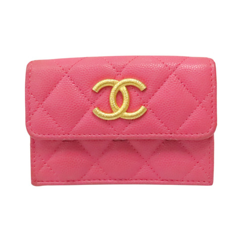 粉色 菱格紋 荔枝牛皮 三折扣式短夾 金釦【CHANEL 香奈兒】 AP3518