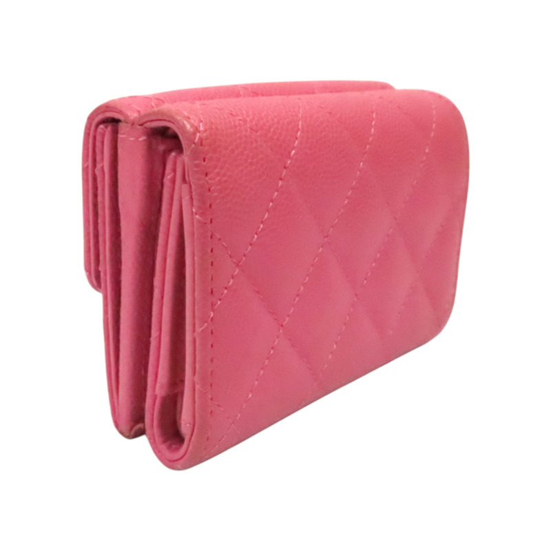 粉色 菱格紋 荔枝牛皮 三折扣式短夾 金釦【CHANEL 香奈兒】 AP3518-1