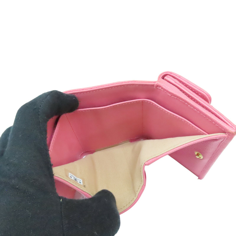 粉色 菱格紋 荔枝牛皮 三折扣式短夾 金釦【CHANEL 香奈兒】 AP3518-3