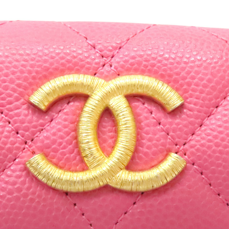 粉色 菱格紋 荔枝牛皮 三折扣式短夾 金釦【CHANEL 香奈兒】 AP3518-4