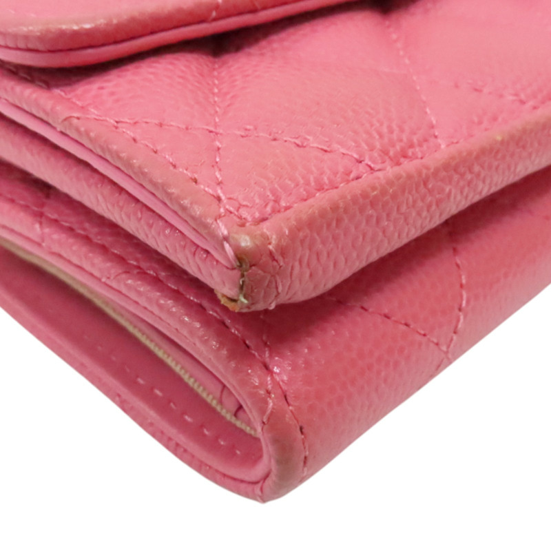 粉色 菱格紋 荔枝牛皮 三折扣式短夾 金釦【CHANEL 香奈兒】 AP3518-8