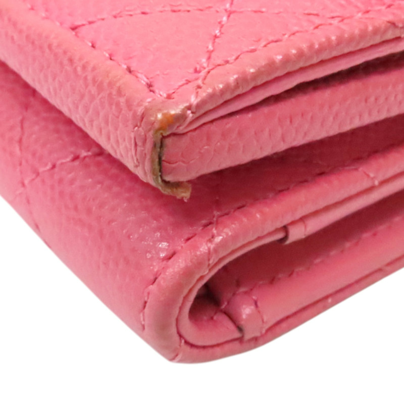 粉色 菱格紋 荔枝牛皮 三折扣式短夾 金釦【CHANEL 香奈兒】 AP3518-9