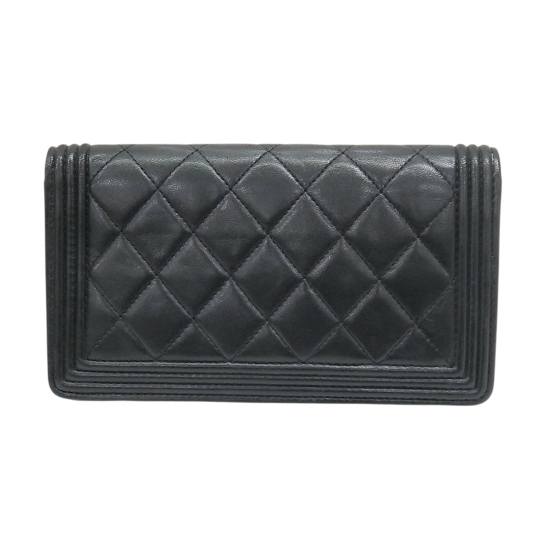 黑色 菱格紋 羊皮 Boy 兩折長夾【CHANEL 香奈兒】-1