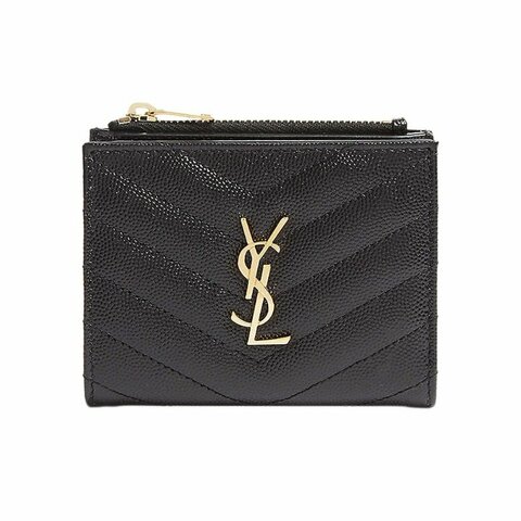Saint Laurent Monogram In Grain De Poudre Embossed Leather Bi-Fold Wallet Black/Gold-575879-BOW01-1000