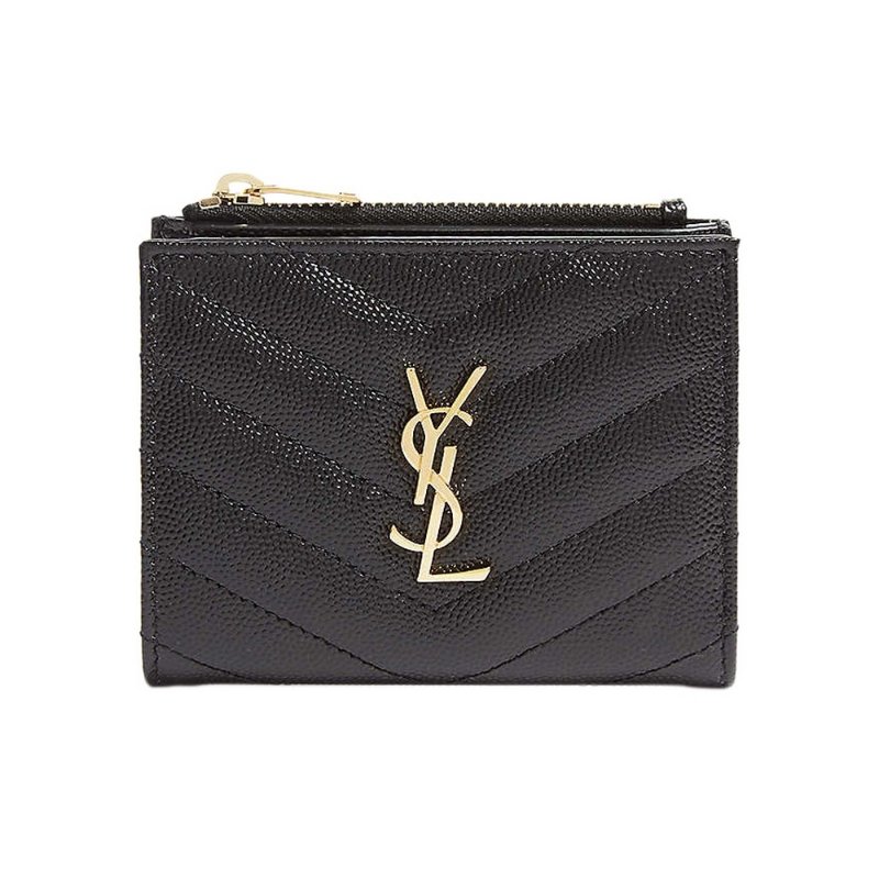 Saint Laurent Monogram In Grain De Poudre Embossed Leather Bi-Fold Wallet Black/Gold-575879-BOW01-1000(新款白色盒)-0