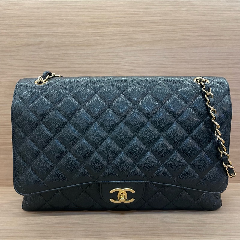 Chanel 黑金荔枝皮 超大號 cf 2011年 14開 鏈條單肩斜挎包 有塵袋 無卡無盒子 尺寸底長34*高21*寬10*-0