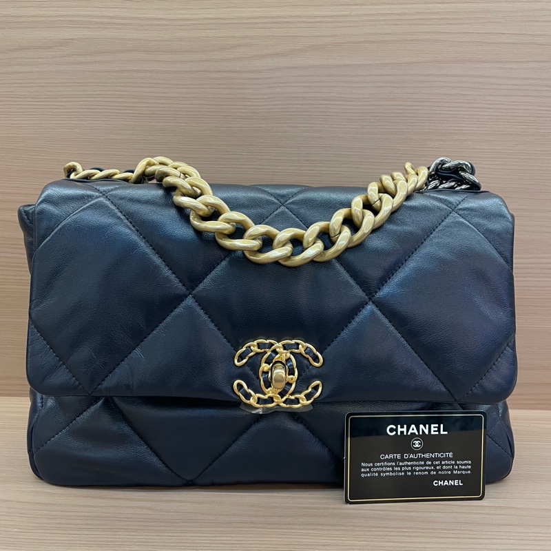CHANEL 香奈儿 19bag 中號 30開 蓝色菱格纹羊皮金扣手提斜挎鏈條包 有卡 有塵袋 無盒子-0