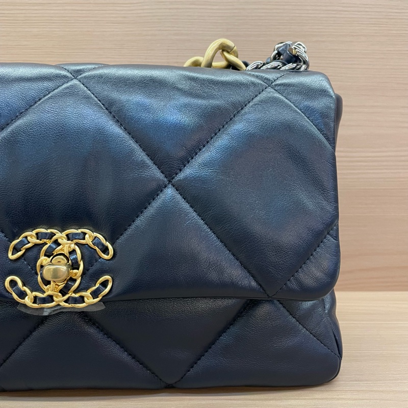 NO:D36 CHANEL 香奈儿 19bag 中號 30開 蓝色菱格纹羊皮金扣手提斜挎鏈條包 有卡 有塵袋 無盒子-5