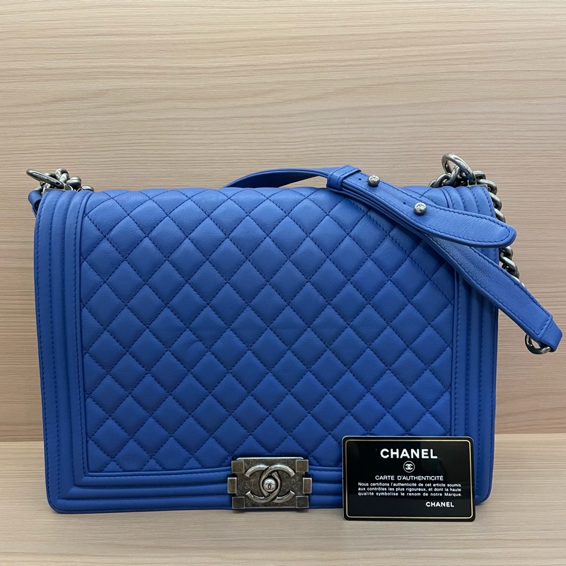 Chanel  LEBOY 藍銀 羊皮大號2013年 17開 單肩斜挎鏈條包 有卡有塵袋 無盒子 尺寸底長30*高22*寬8*-0