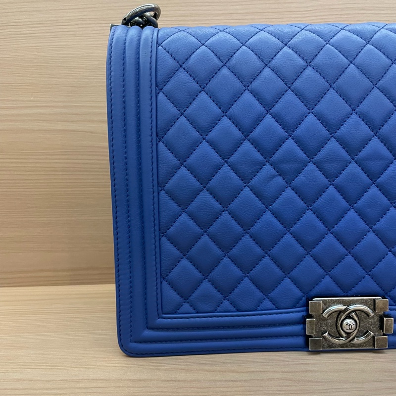 NO:C73 Chanel  LEBOY 藍銀 羊皮大號2013年 17開 單肩斜挎鏈條包 有卡有塵袋 無盒子 尺寸底長30*高22*寬8*-5