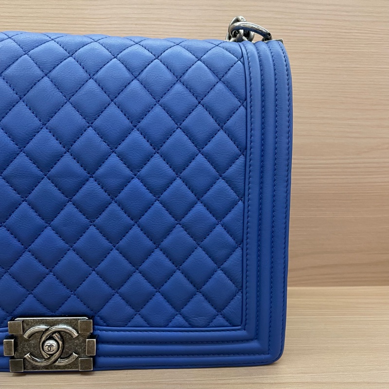 NO:C73 Chanel  LEBOY 藍銀 羊皮大號2013年 17開 單肩斜挎鏈條包 有卡有塵袋 無盒子 尺寸底長30*高22*寬8*-6