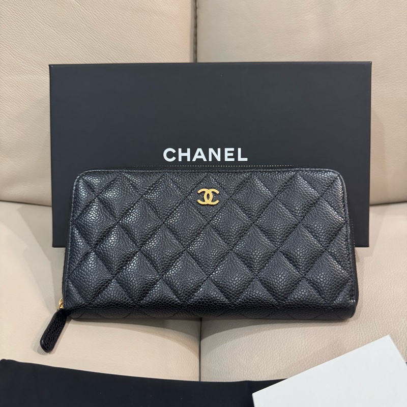 Chanel 香奈兒 經典黑金長夾/荔枝牛皮/芯片款/98新美品-1