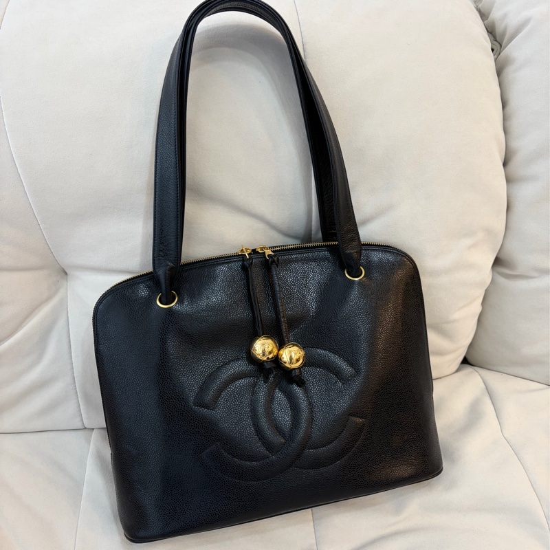 Chanel 香奈兒金球貝殼魚子醬牛皮托特包 Vintage 黑金-1