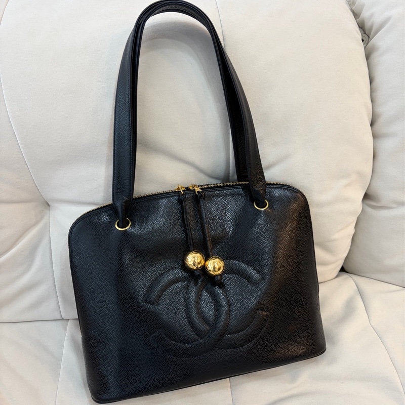 Chanel 香奈兒金球貝殼魚子醬牛皮托特包 Vintage 黑金-5