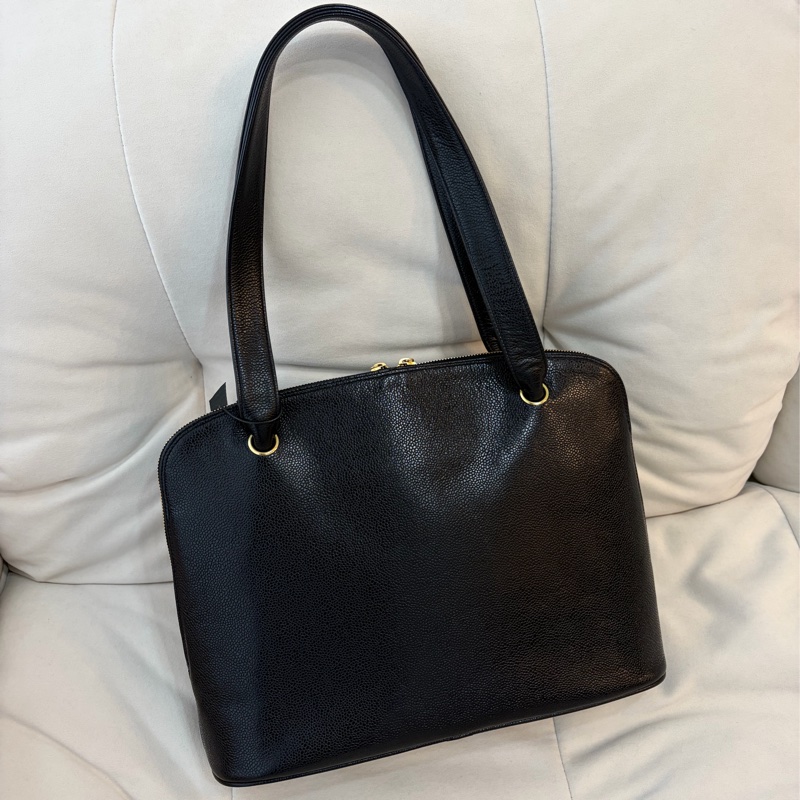 Chanel 香奈兒金球貝殼魚子醬牛皮托特包 Vintage 黑金-6