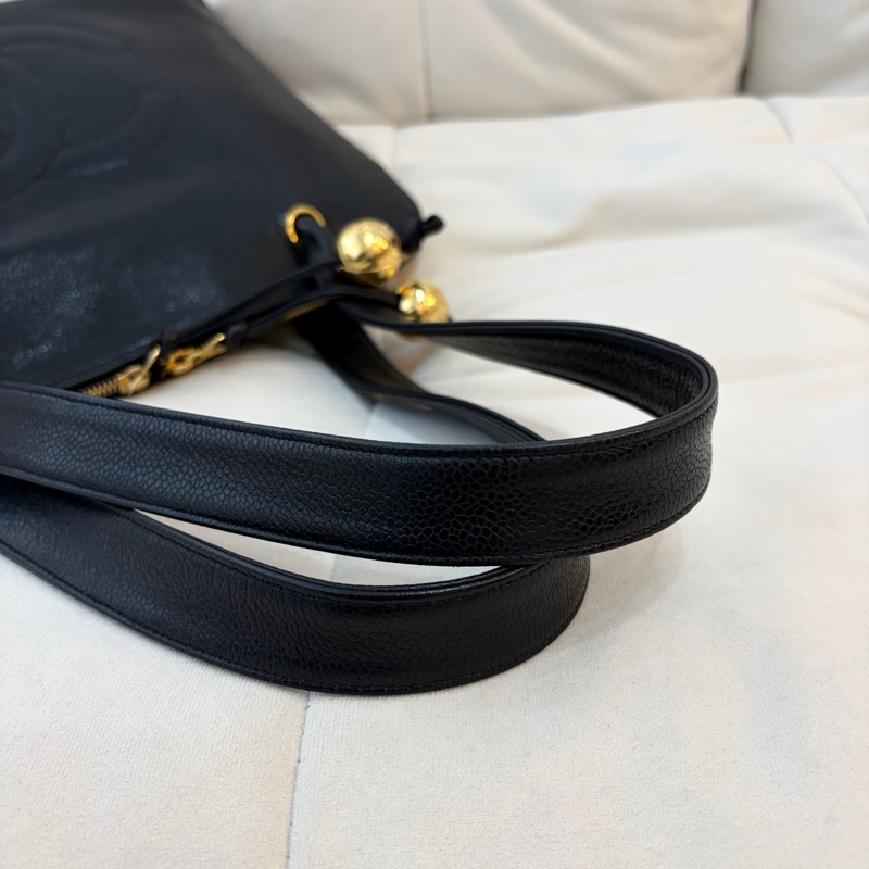 Chanel 香奈兒金球貝殼魚子醬牛皮托特包 Vintage 黑金-14