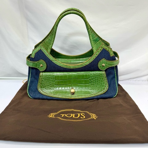 TODS 丹寧拼接鱷魚壓紋皮革肩背手提包 綠色